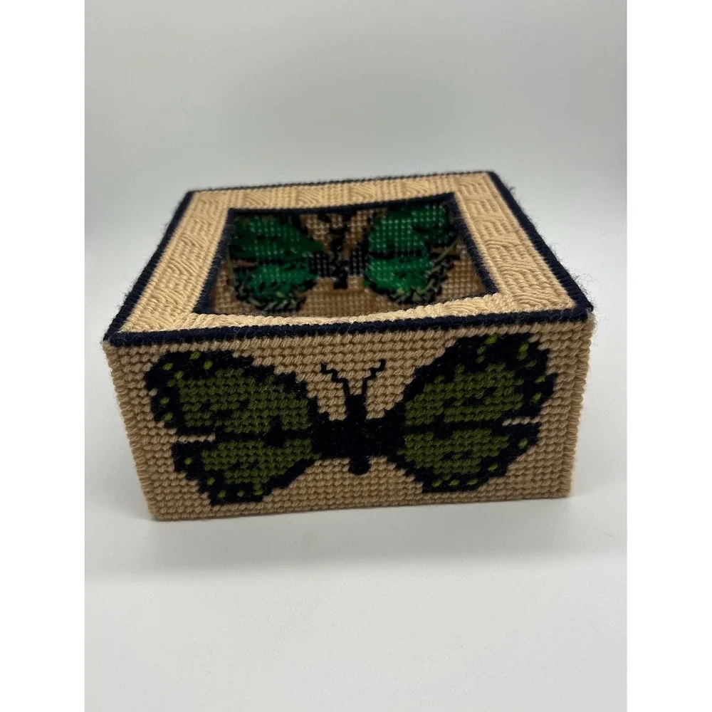 Handmade Needlepoint Butterfly Tissue Box Cover Yarn Art Cottagecore Decor